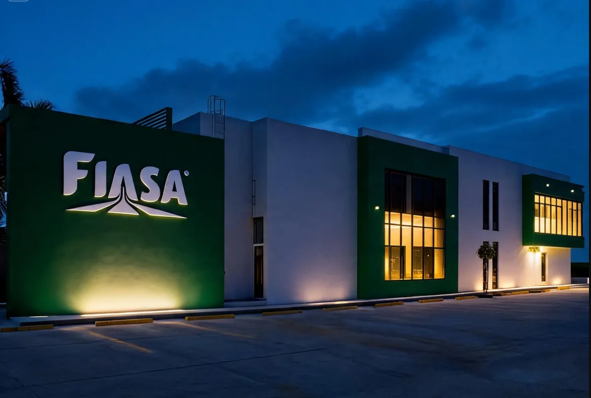 FIASA headquarters building at night, with an illuminated FIASA sign